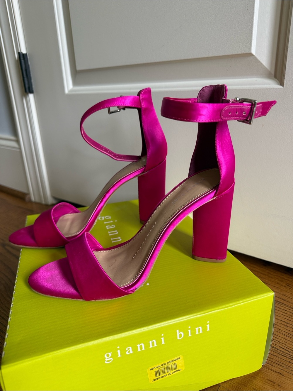 Gianni Bini Neon Pink Satin Heeled Sandals - Picture 9 of 10